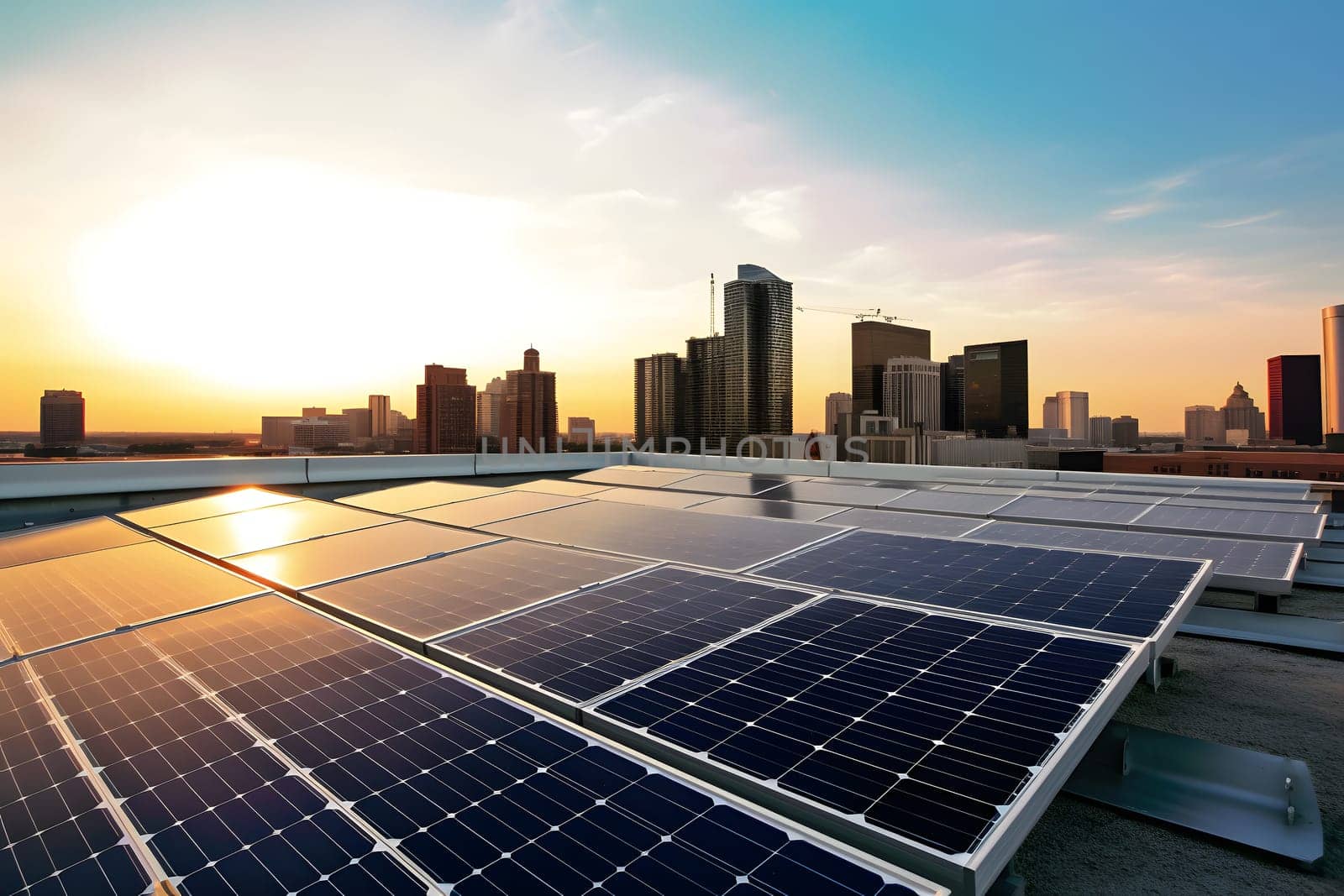 solar panels on city rooftop with downtown and blue sky in the background. Neural network generated in may 2023. Not based on any actual person, scene or pattern.