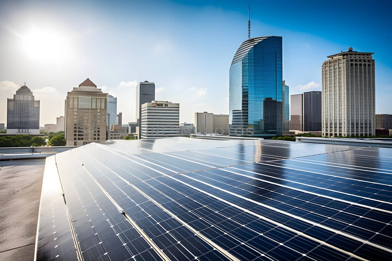solar panels on city rooftop with downtown and blue sky in the background. Neural network generated in may 2023. Not based on any actual person, scene or pattern.
