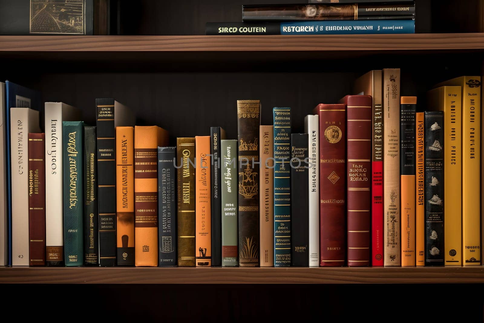 many books on shelf - full-frame view, neural network generated image. Digitally generated image. Not based on any actual person, scene or pattern.