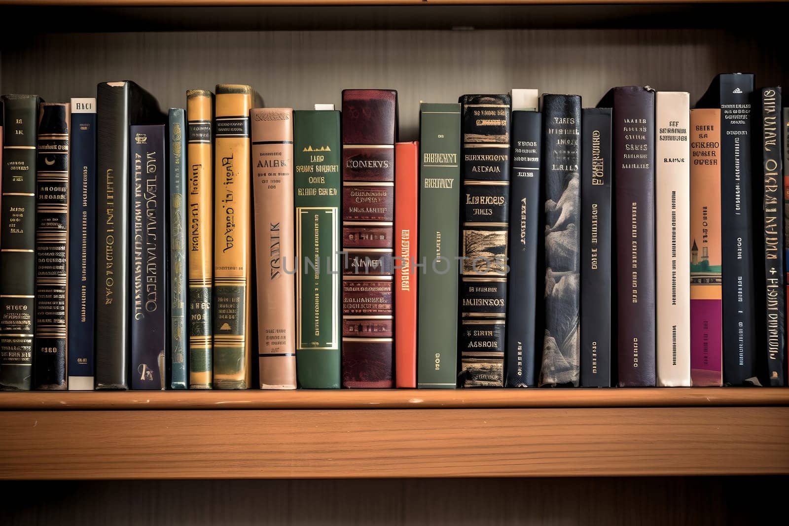 many books on shelf - full-frame view. Neural network generated in may 2023. Not based on any actual person, scene or pattern.