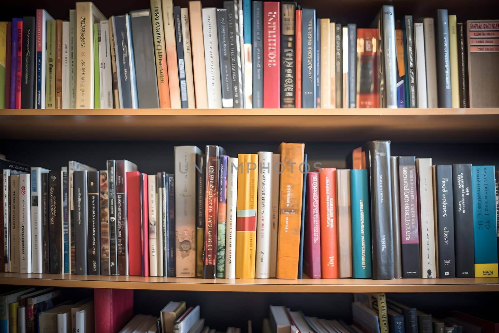 many books on shelf - full-frame view. Neural network generated in may 2023. Not based on any actual person, scene or pattern.