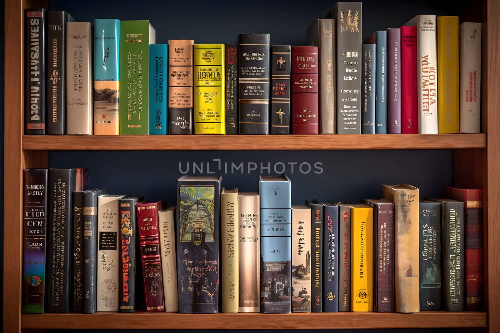 many books on shelf - full-frame view. Neural network generated in may 2023. Not based on any actual person, scene or pattern.