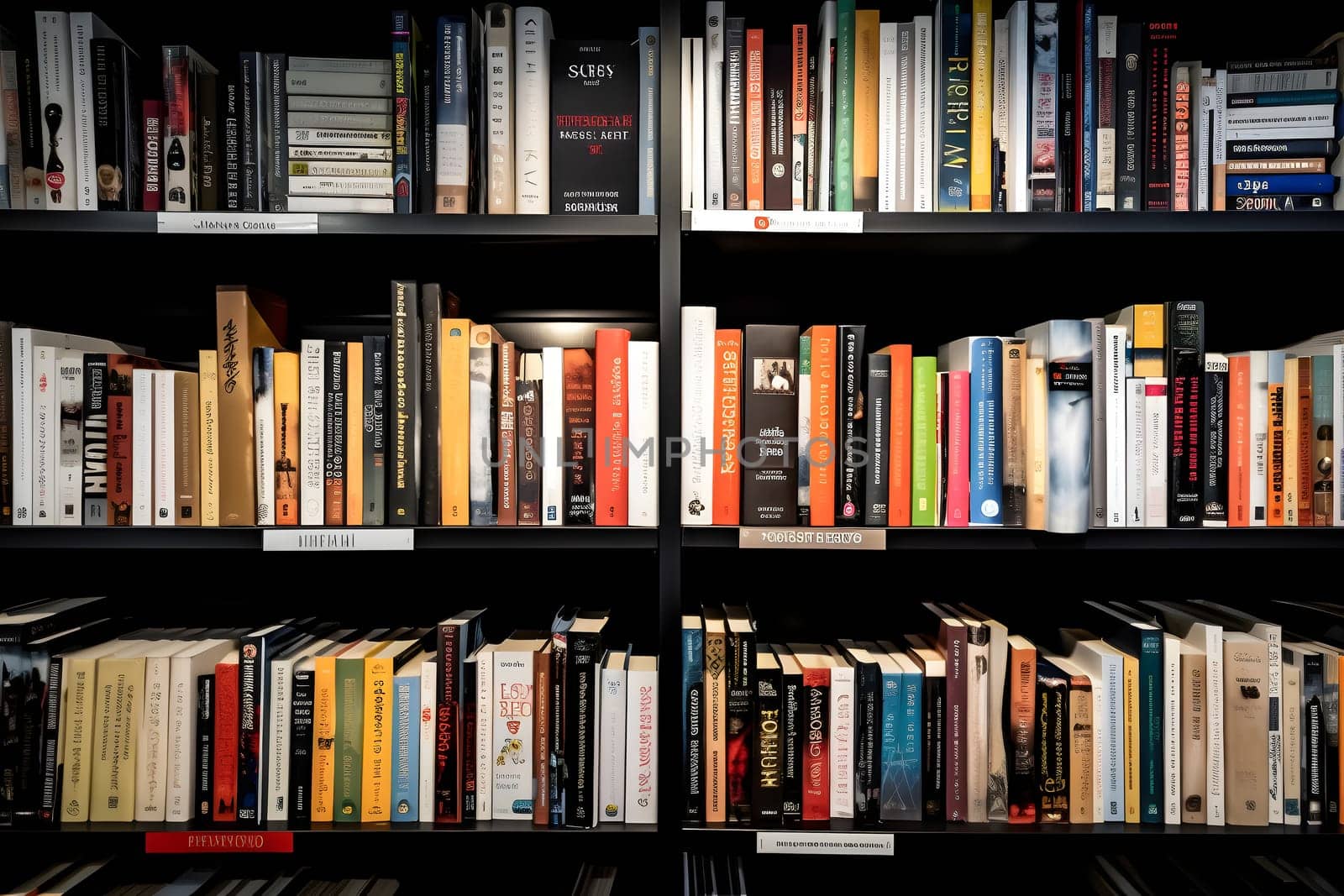 many books on shelf - full-frame view. Neural network generated in may 2023. Not based on any actual person, scene or pattern.