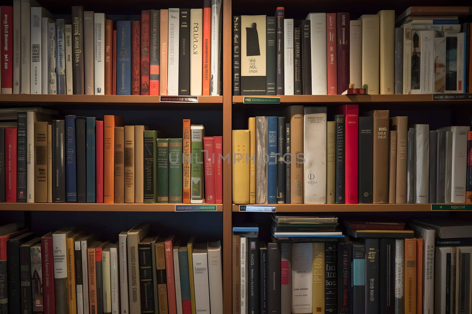 many books on shelf - full-frame view. Neural network generated in may 2023. Not based on any actual person, scene or pattern.