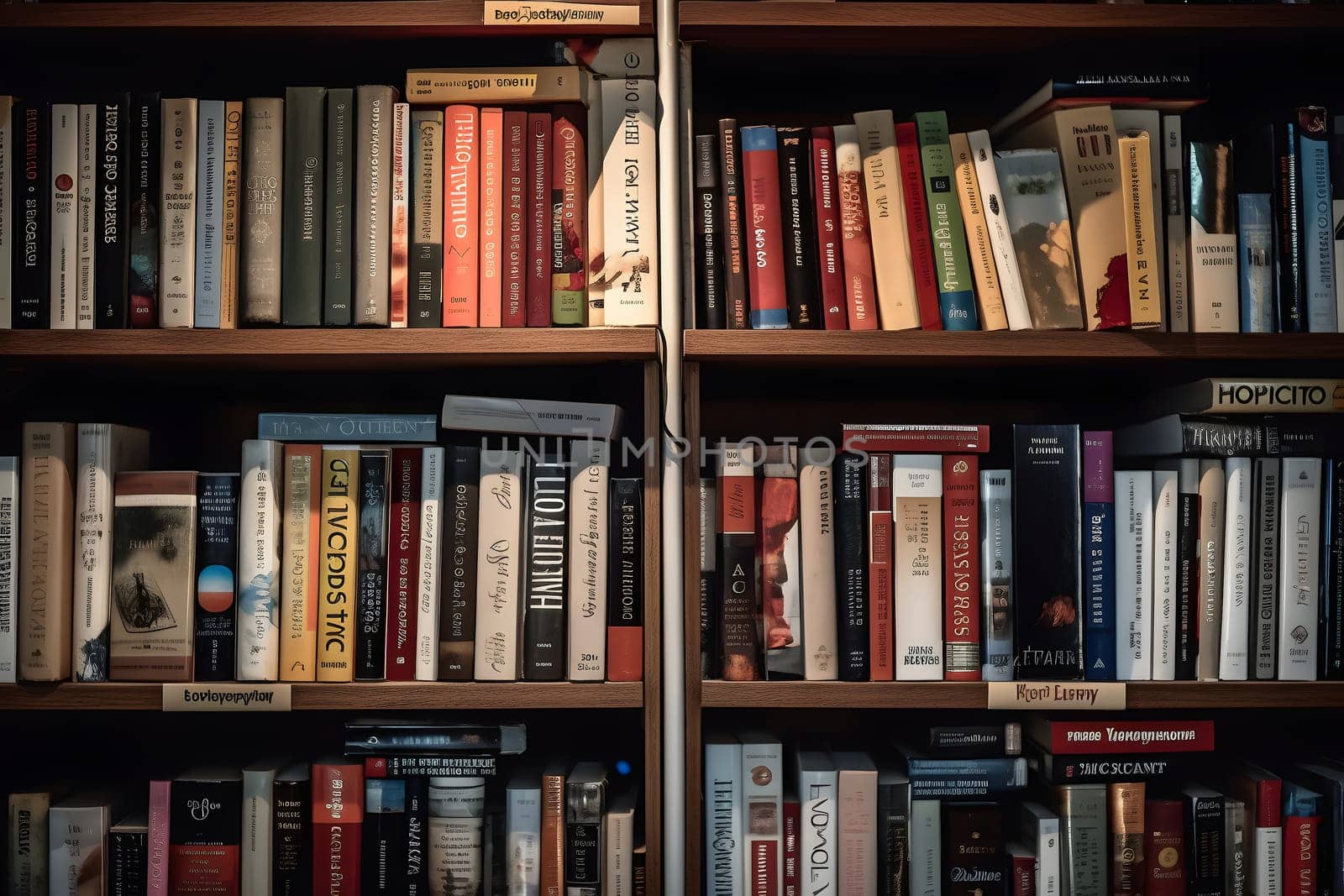 many books on shelf - full-frame view. Neural network generated in may 2023. Not based on any actual person, scene or pattern.