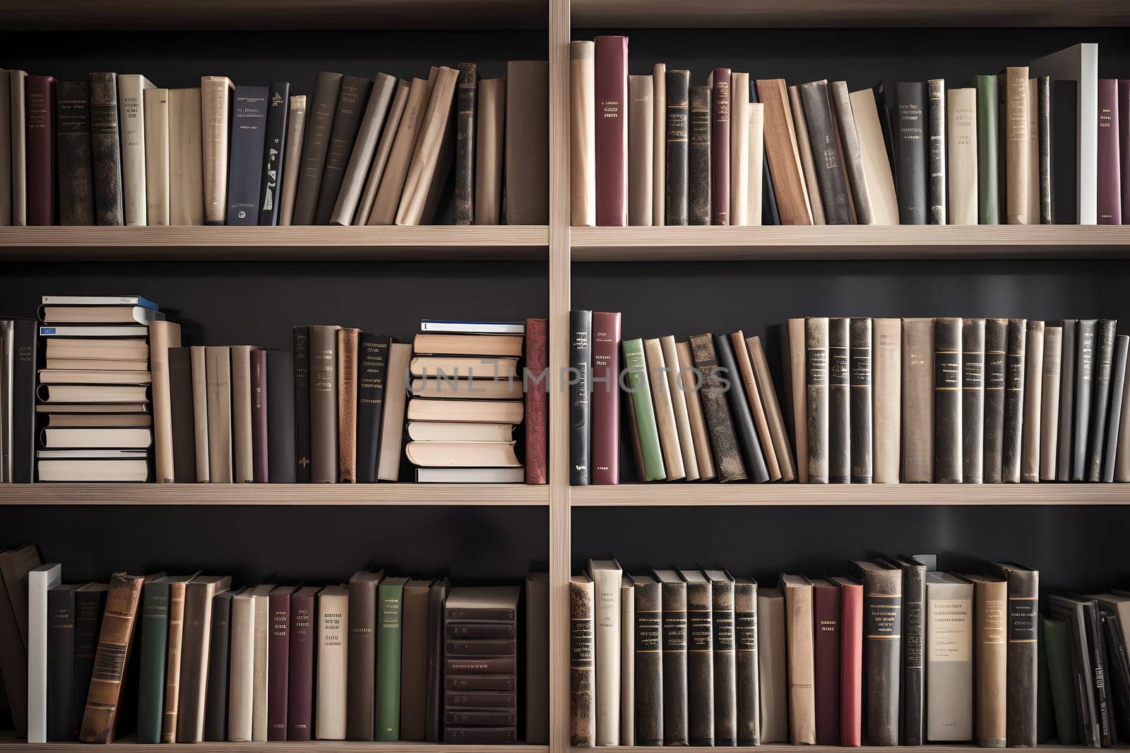 many books on shelf - full-frame view. Neural network generated in may 2023. Not based on any actual person, scene or pattern.
