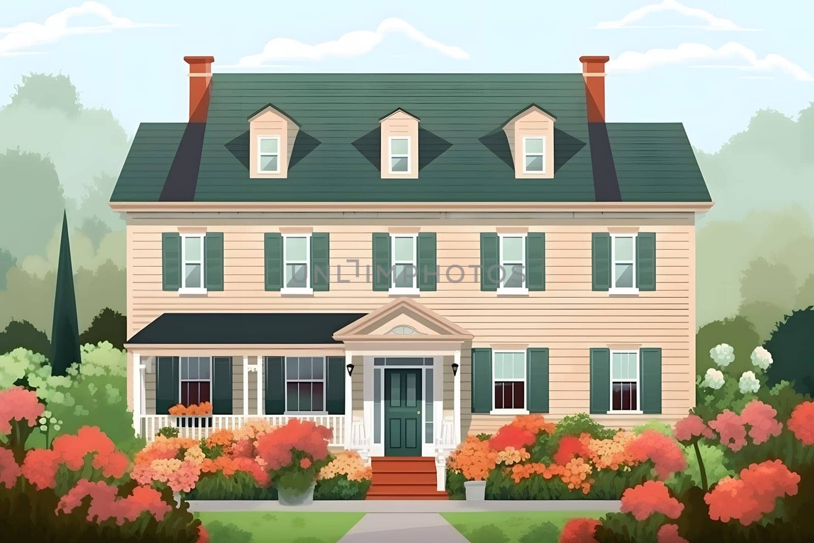 classic two-storey living house with flower garden at sunny summer day - american dream style, neural network generated in may 2023. Digitally generated image. Not based on any actual scene.
