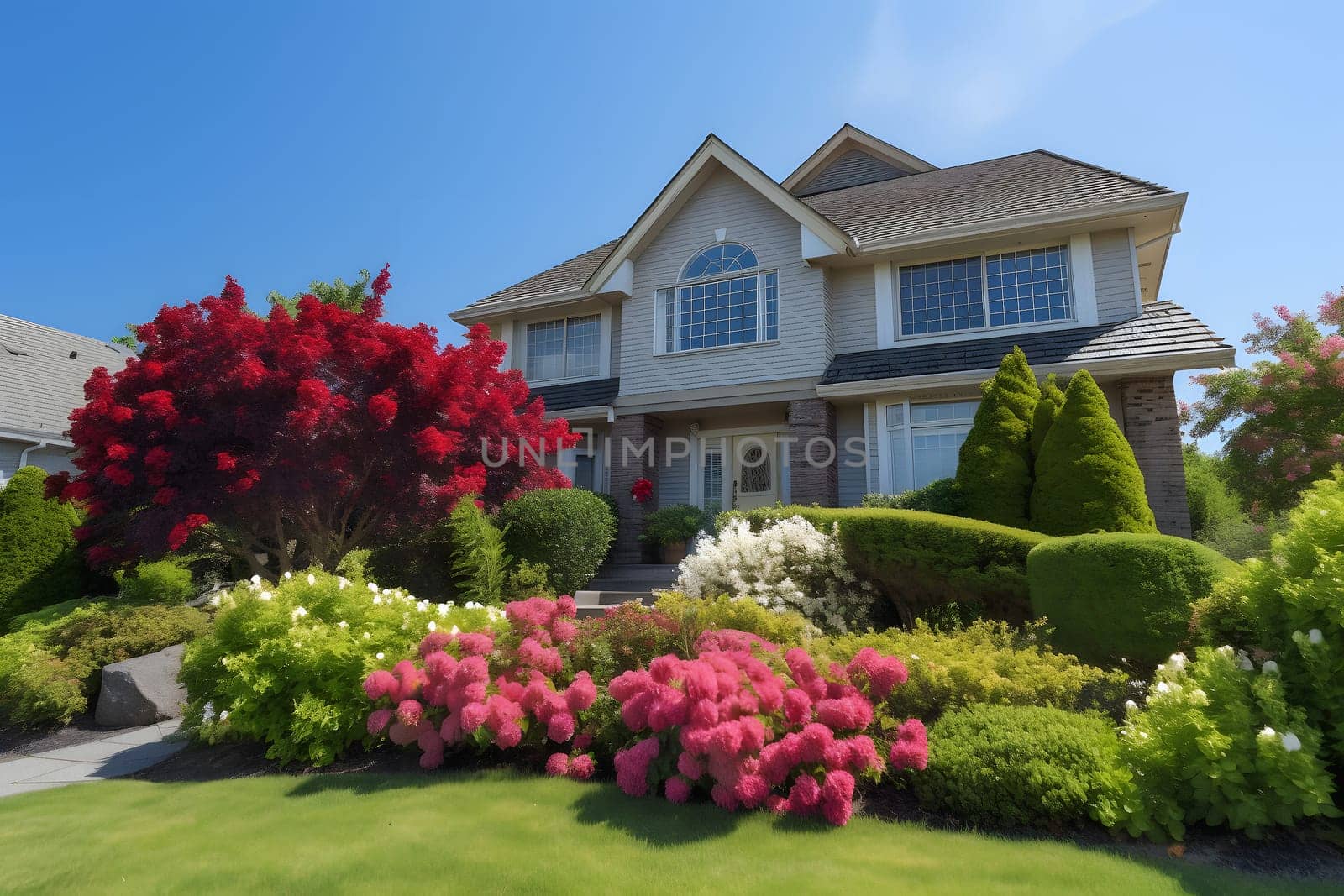 classic two-storey living house with flower garden at sunny summer day - american dream style, neural network generated in may 2023. Digitally generated image. Not based on any actual scene.