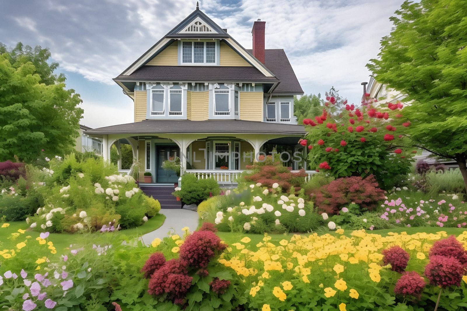 classic two-storey living house with flower garden at sunny summer day - american dream style, neural network generated in may 2023. Not based on any actual scene.