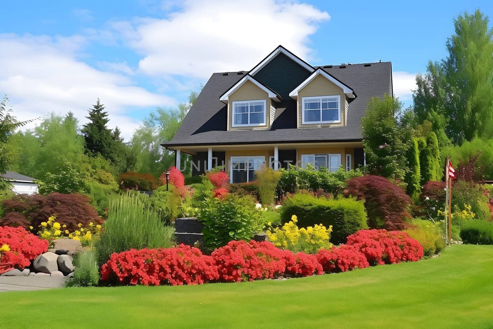 classic two-storey living house with flower garden at sunny summer day - american dream style, neural network generated in may 2023. Not based on any actual scene.