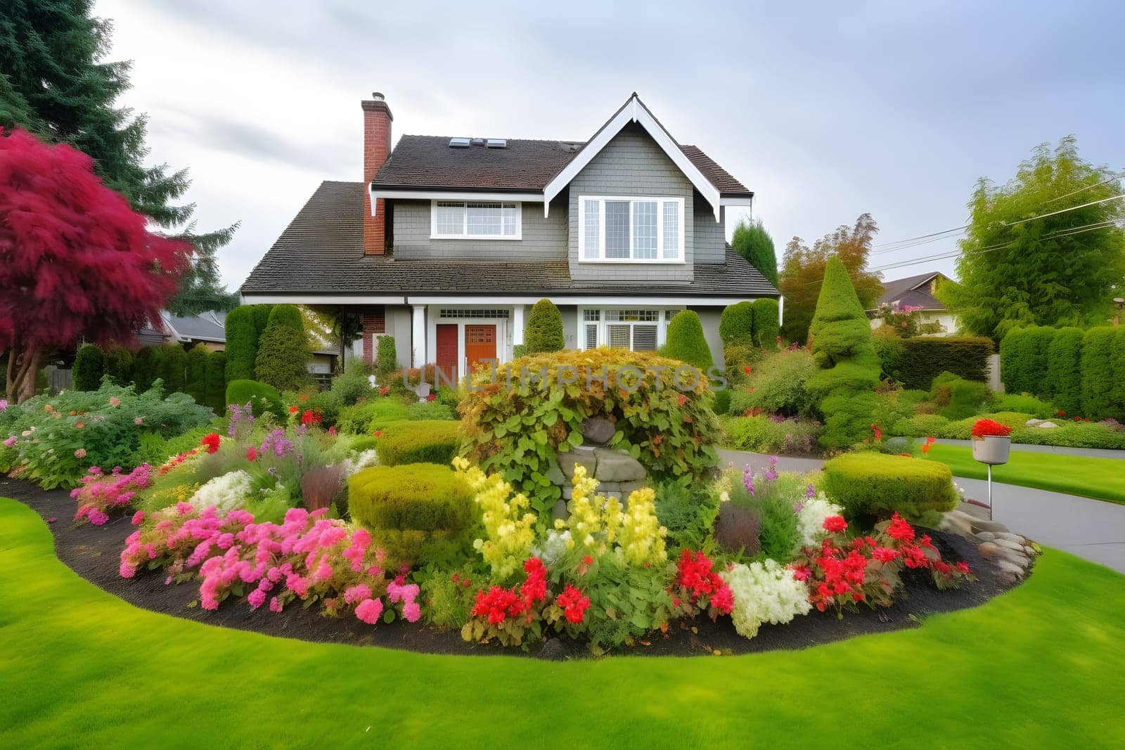 classic two-storey living house with flower garden at sunny summer day - american dream style, neural network generated in may 2023. Not based on any actual scene.