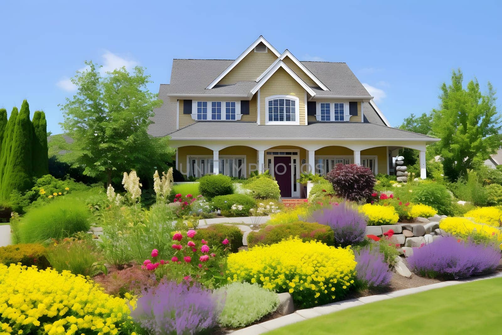 classic two-storey living house with flower garden at sunny summer day - american dream style, neural network generated in may 2023. Not based on any actual scene.