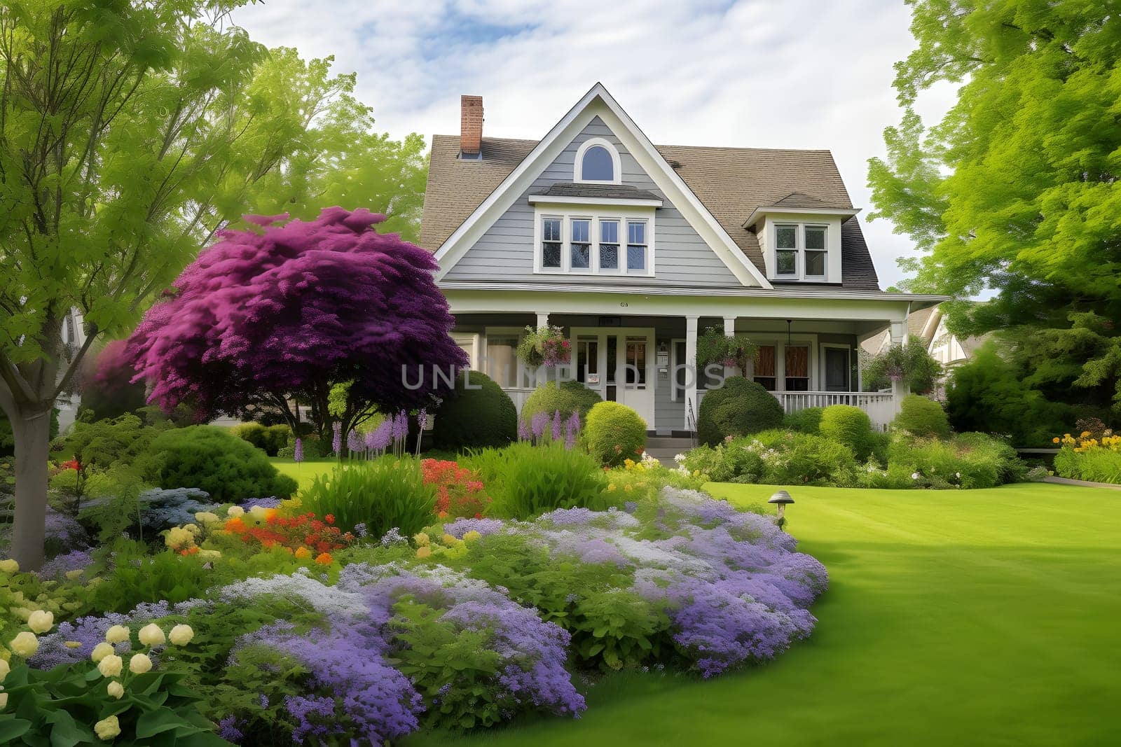 classic two-storey living house with flower garden at sunny summer day - american dream style. Neural network generated in may 2023. Not based on any actual scene.