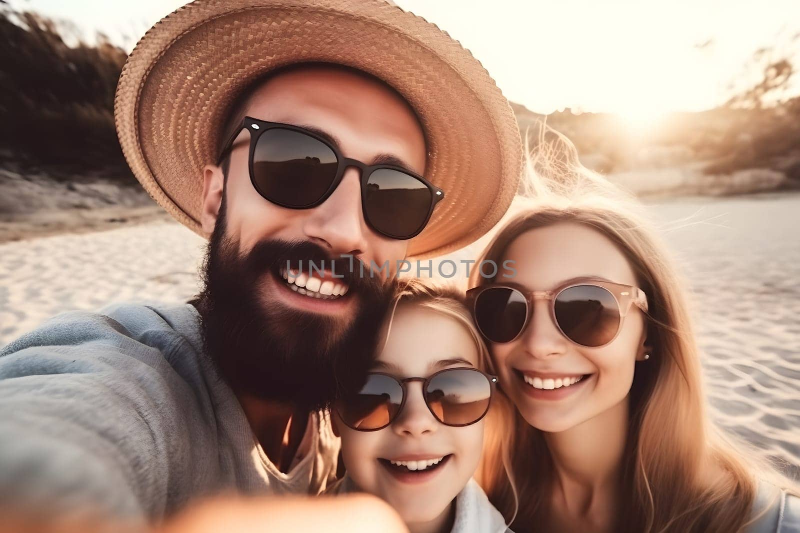 Happy family spending good time at the beach together - selfie style, neural network generated picture. Digitally generated image. Not based on any actual person, scene or pattern.