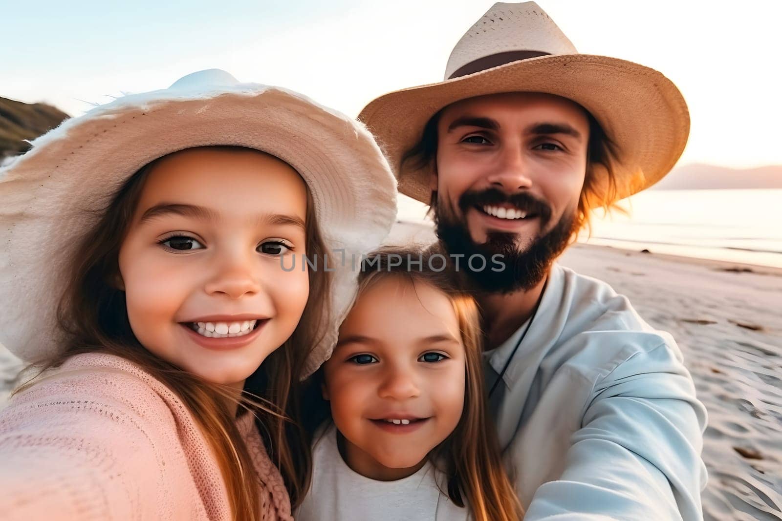 Happy family spending good time at the beach together - selfie style, neural network generated picture. Digitally generated image. Not based on any actual person, scene or pattern.