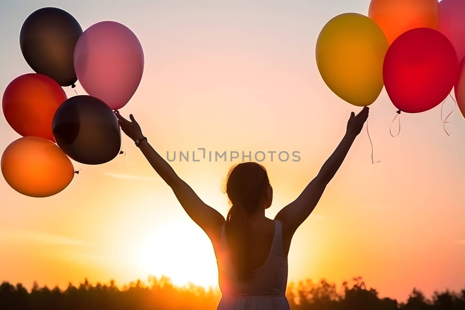 inspirational happy life woman with colored air ballons rising hands in the air, neural network generated picture. Digitally generated image. Not based on any actual person or scene.