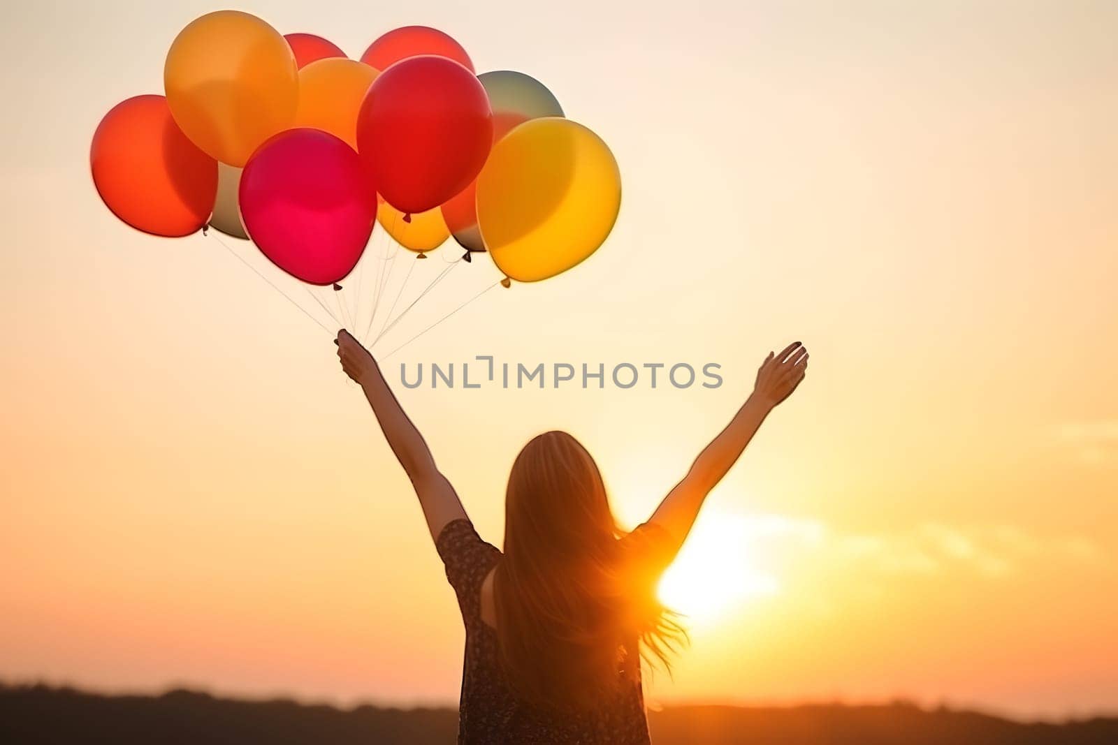 inspirational happy life woman with colored air ballons rising hands in the air, neural network generated picture. Digitally generated image. Not based on any actual person or scene.