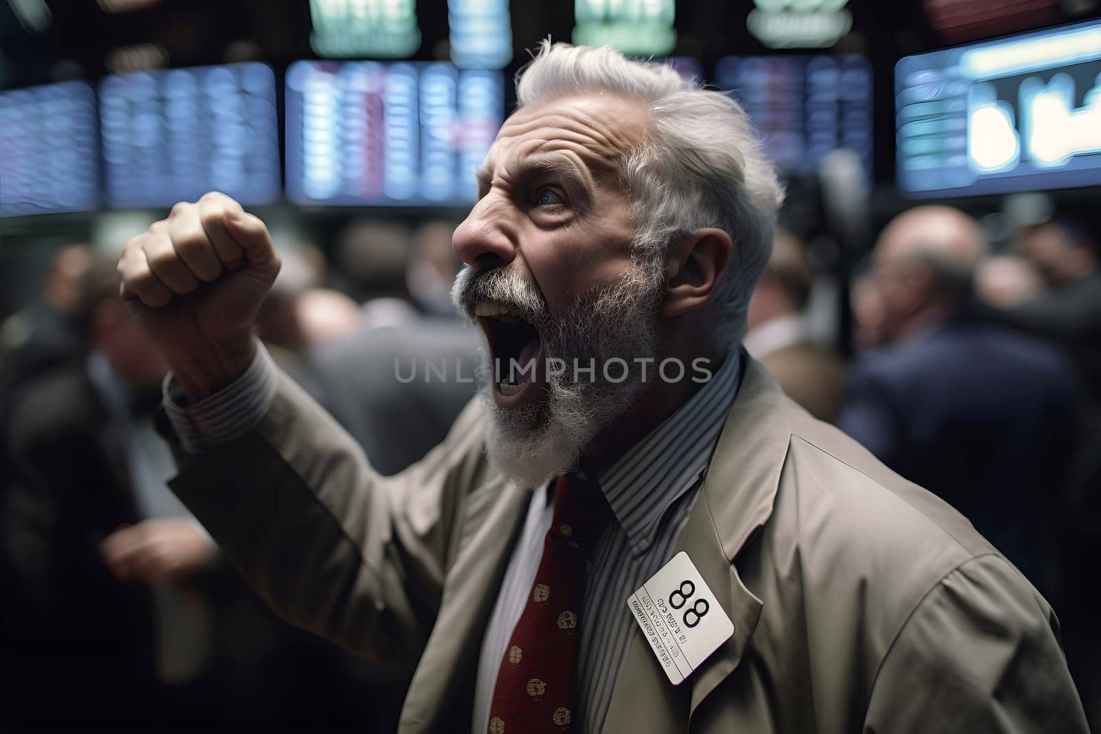 caucasian man yelling with rised hand in stock exchange, neural network generated picture. Digitally generated image. Not based on any actual person, scene or pattern.