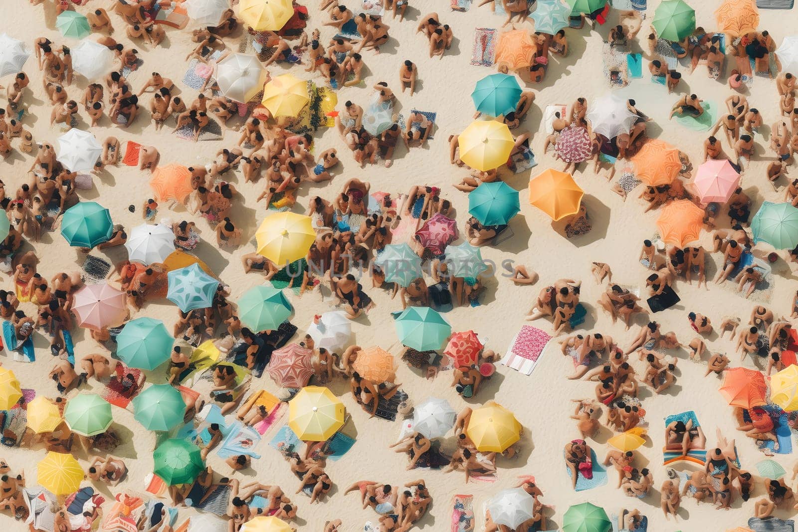 seamless background of aerial view on crowded sand beach, anime style. Neural network generated in may 2023. Not based on any actual person, scene or pattern.