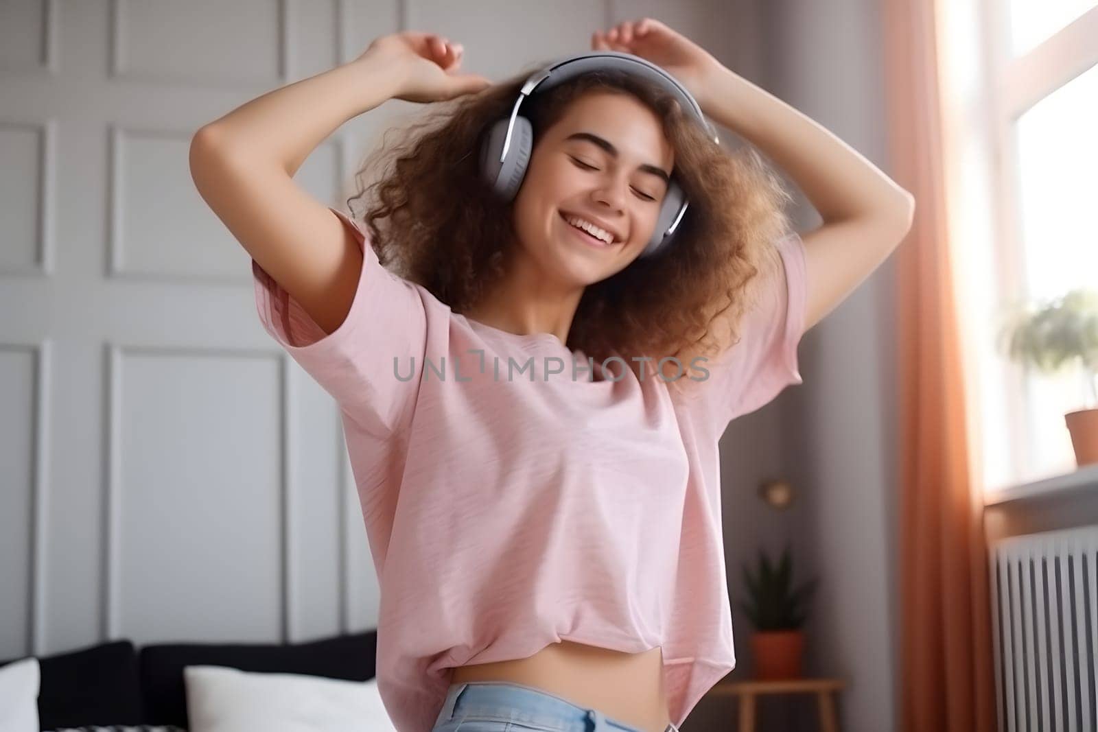 Overjoyed millennial girl wearing headphones having fun with music. Neural network generated in may 2023. Not based on any actual person, scene or pattern.