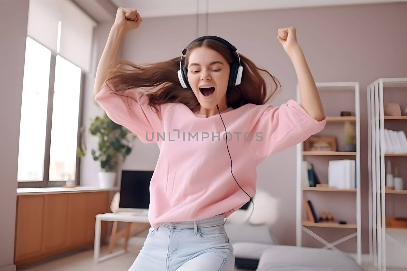 Overjoyed millennial girl wearing wired headphones having fun with music. Neural network generated in may 2023. Not based on any actual person, scene or pattern.