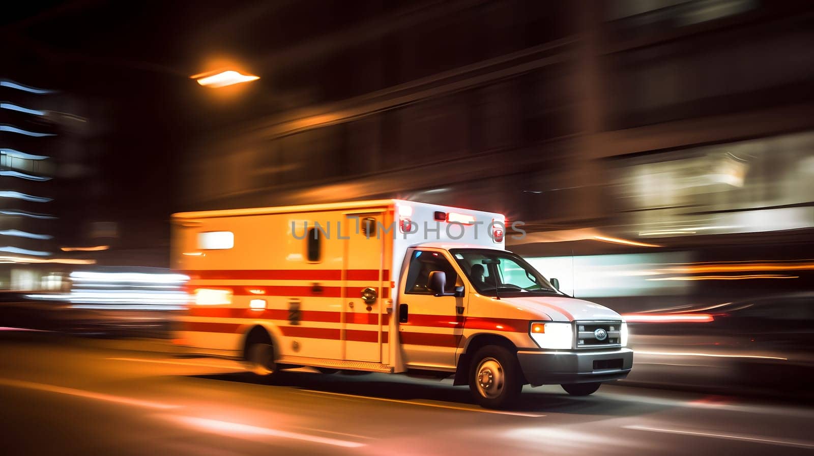 emergency ambulance car moving fast on night american city downtown district with motion blur. Neural network generated in May 2023. Not based on any actual person, scene or pattern.
