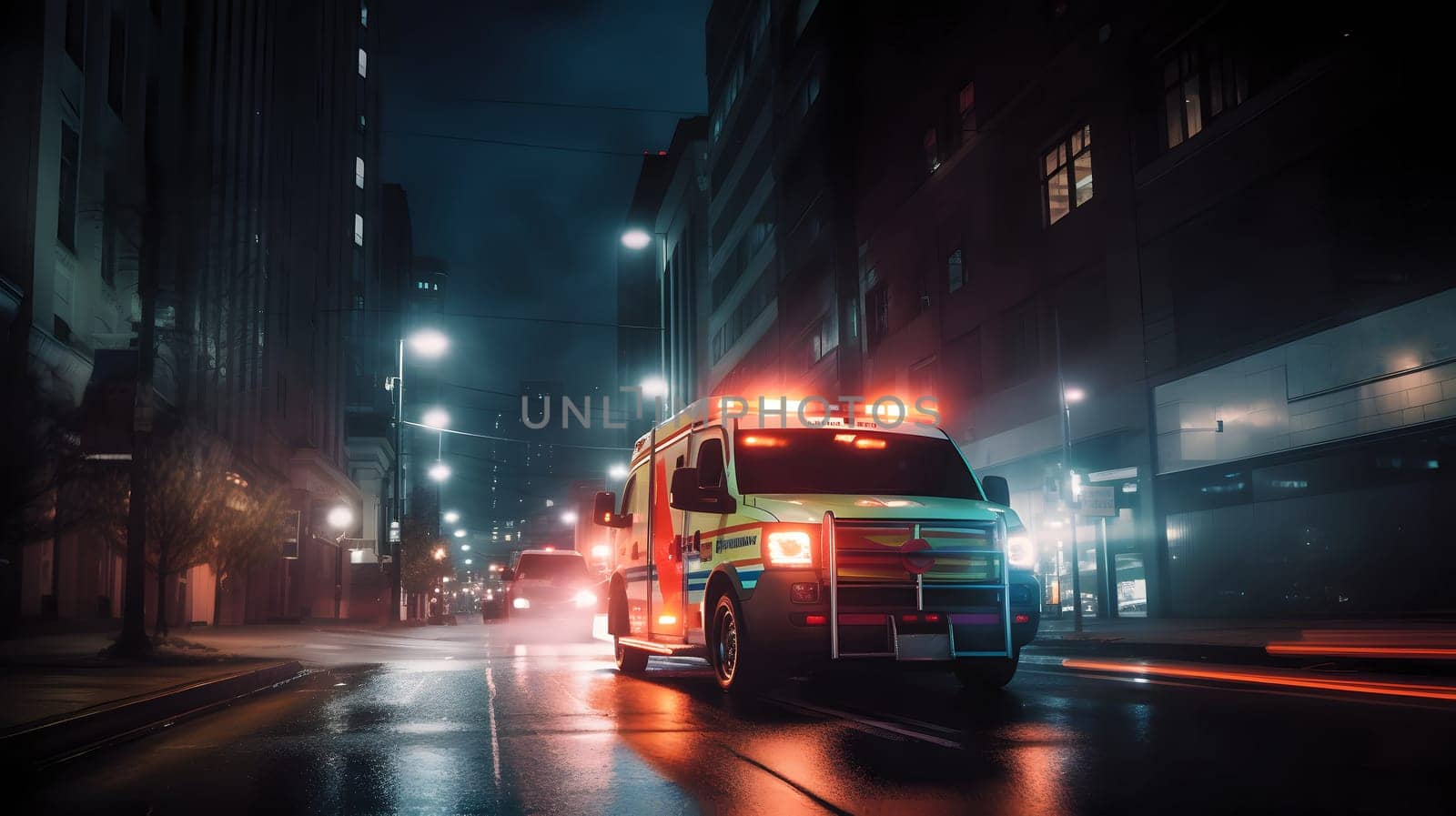 emergency ambulance car moving fast on night american city downtown district with motion blur. Neural network generated in May 2023. Not based on any actual person, scene or pattern.