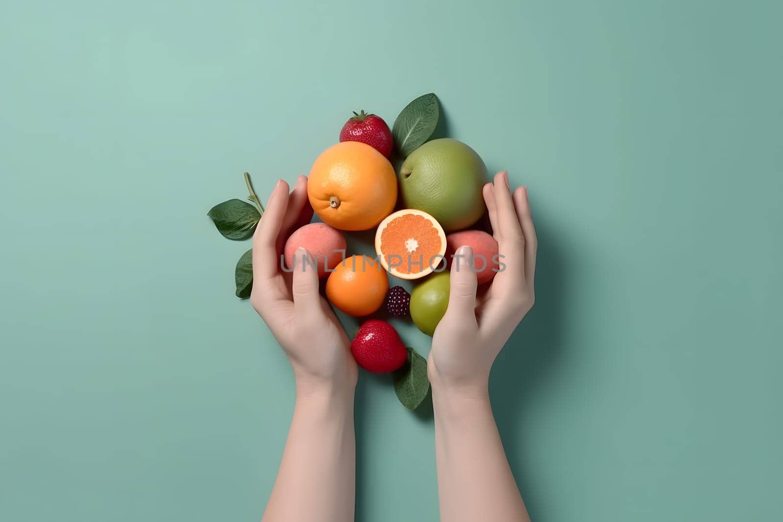 caucasian hands arranging fruits on flat turquoise background, high angle view. Neural network generated in May 2023. Not based on any actual person, scene or pattern.