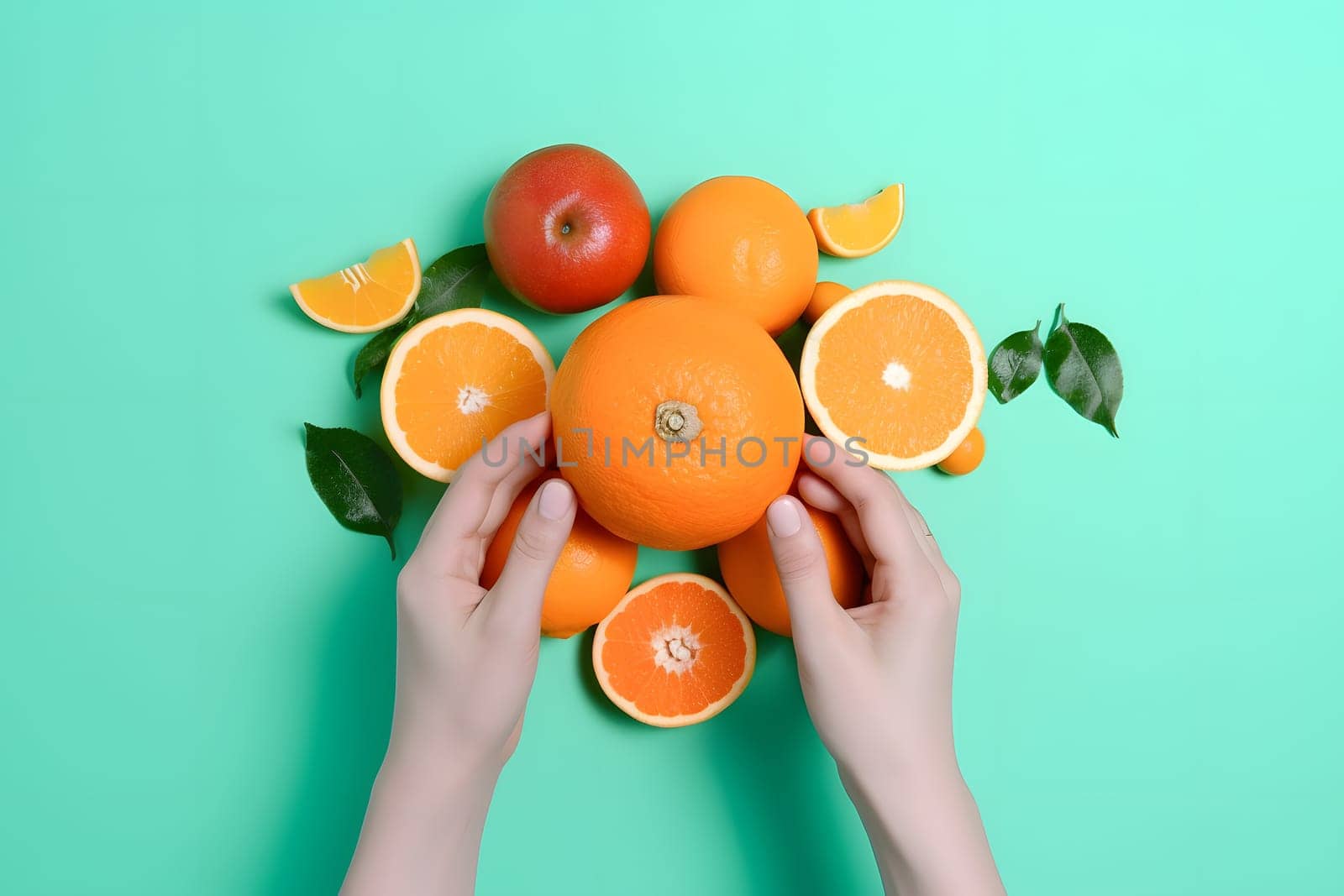 caucasian hands arranging fruits on flat turquoise background, high angle view. Neural network generated in May 2023. Not based on any actual person, scene or pattern.