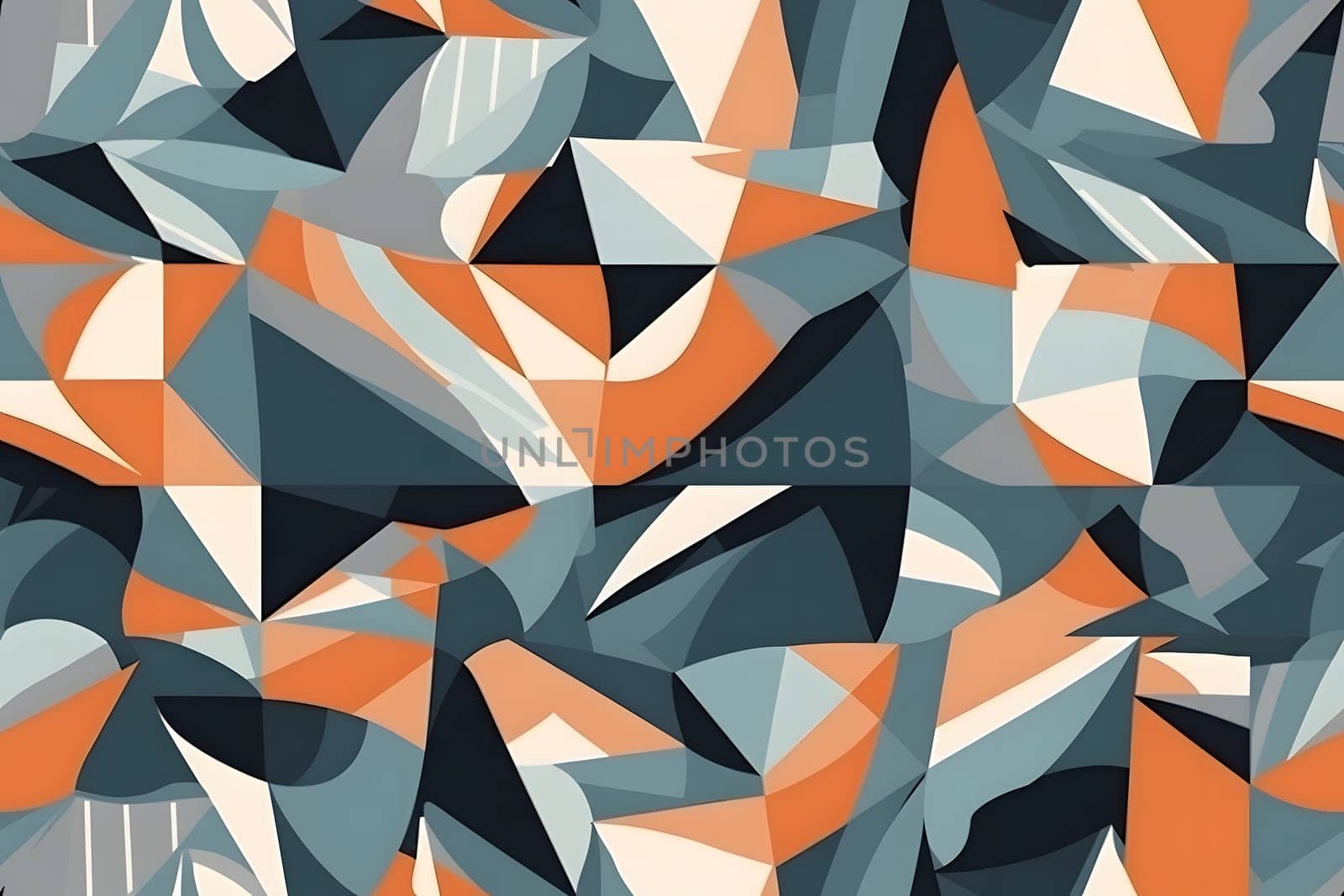 Minimalistic geometric 2d background in cubism style with gray blue orange colors. Neural network generated in May 2023. Not based on any actual person, scene or pattern.