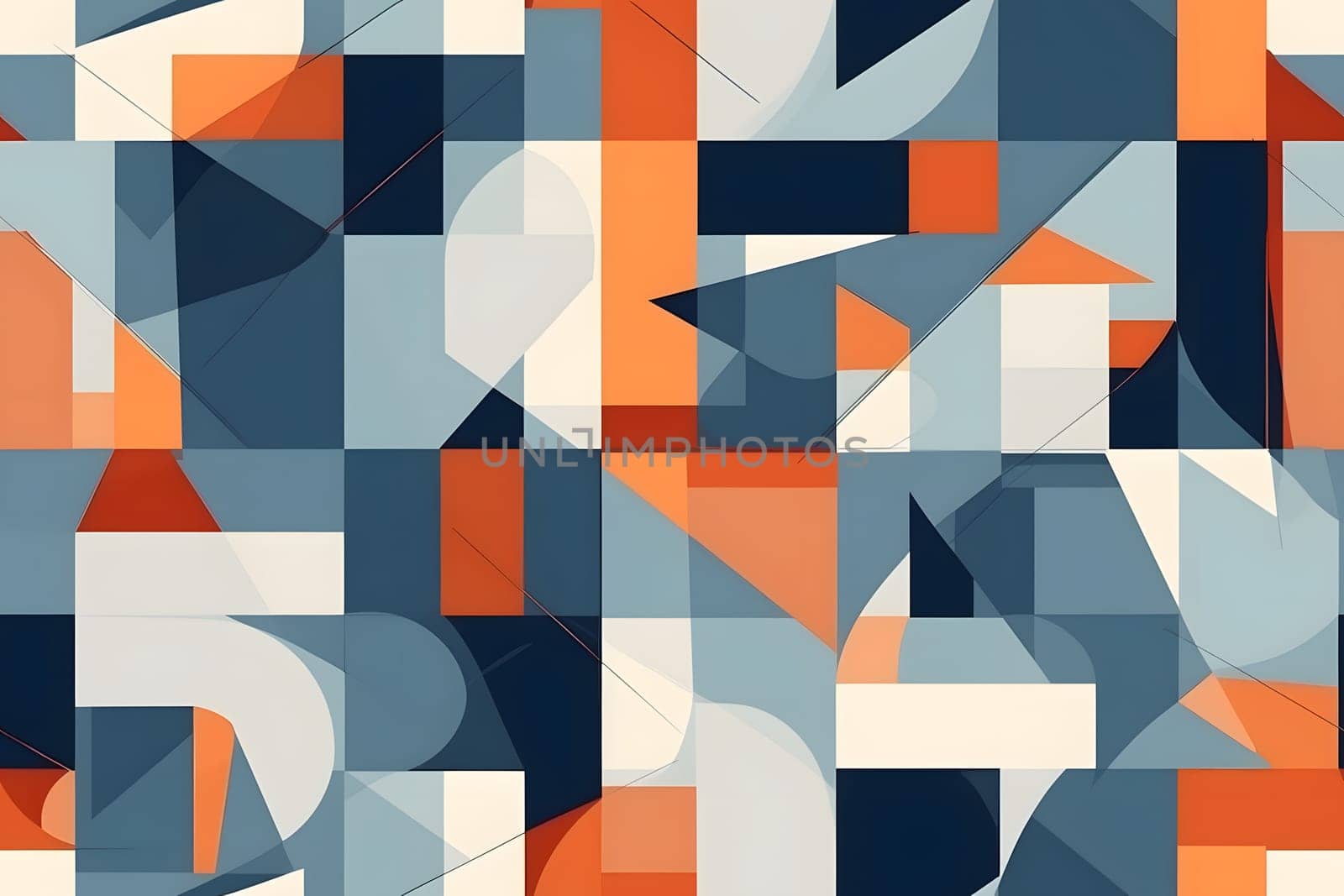 Minimalistic geometric 2d background in cubism style with gray blue orange colors, neural network generated art by z1b