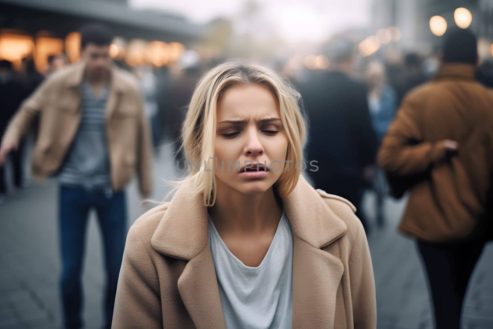 caucasian woman experiencing panic attack in public crowded place. Neural network generated in May 2023. Not based on any actual person, scene or pattern.