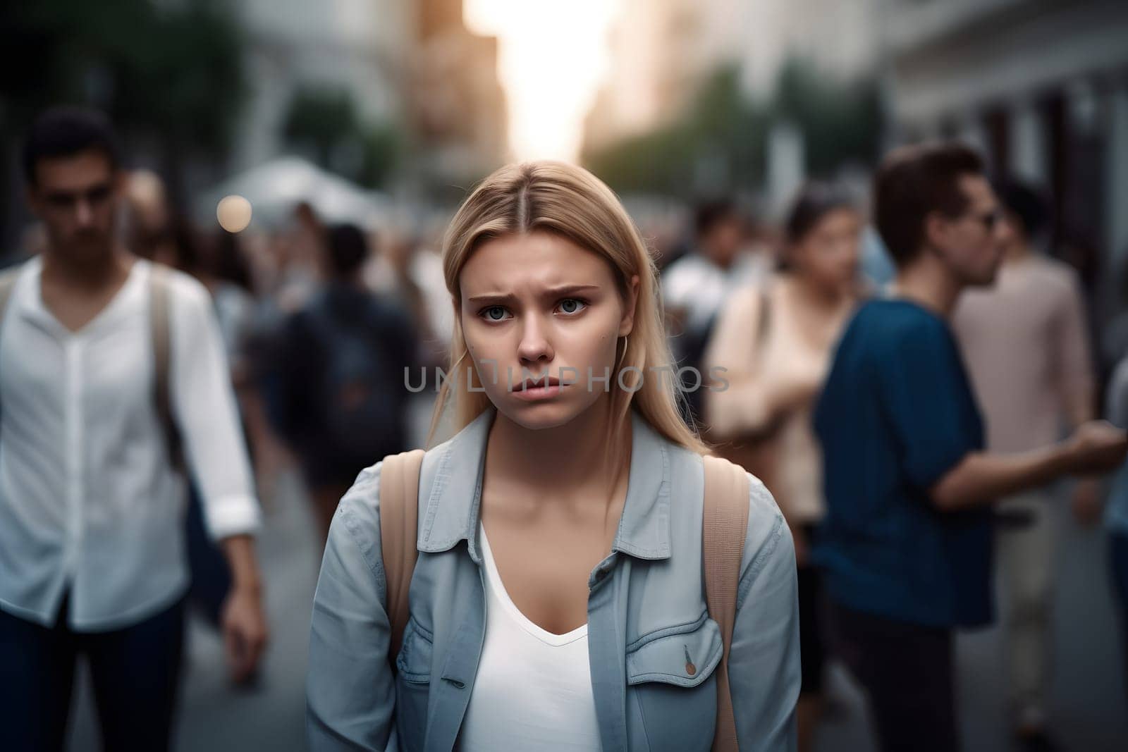 caucasian woman experiencing panic attack in public crowded place. Neural network generated in May 2023. Not based on any actual person, scene or pattern.