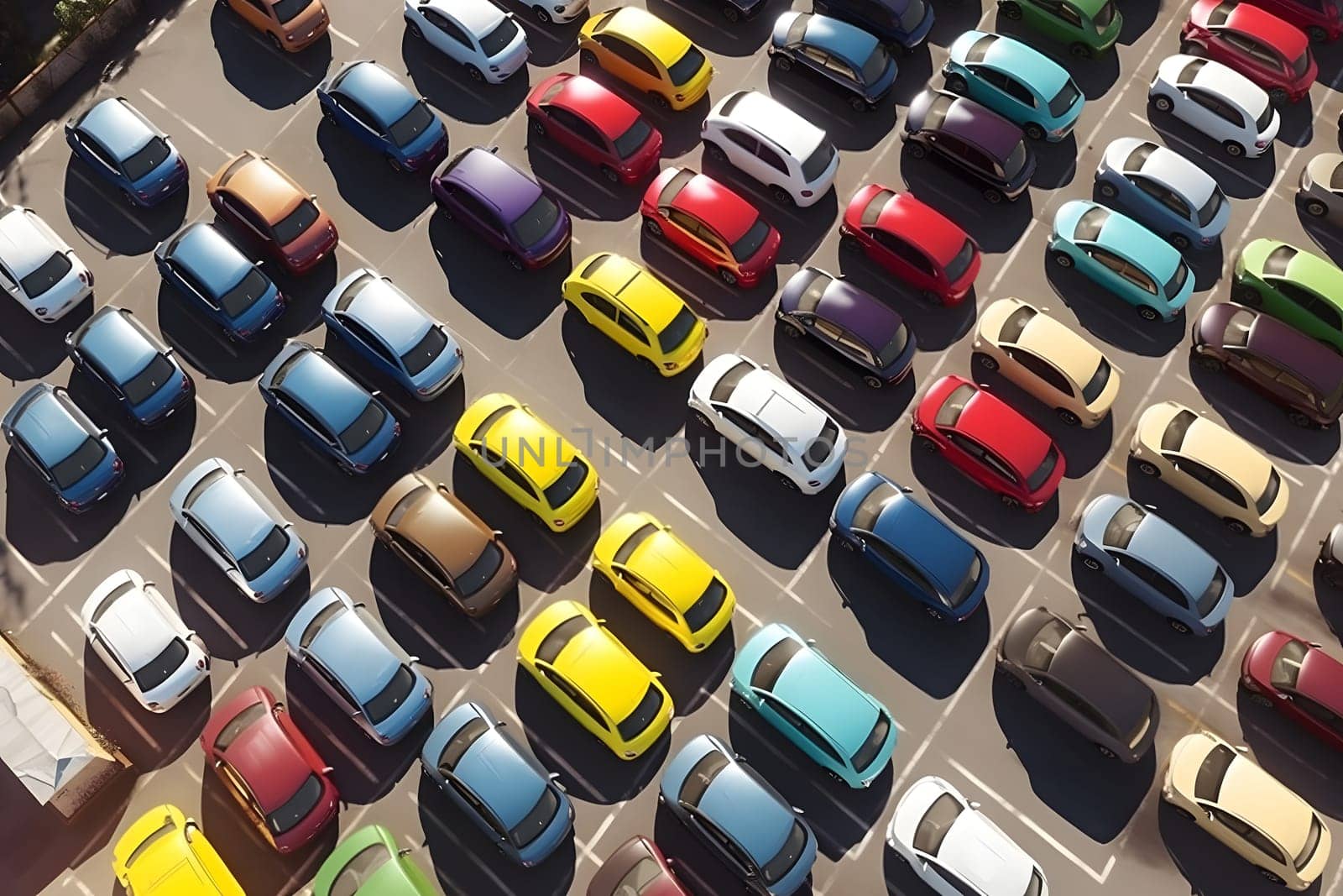 photorealistic high angle aerial view of many colored cars on parking lot at sunny weather. Neural network generated in May 2023. Not based on any actual person, scene or pattern.