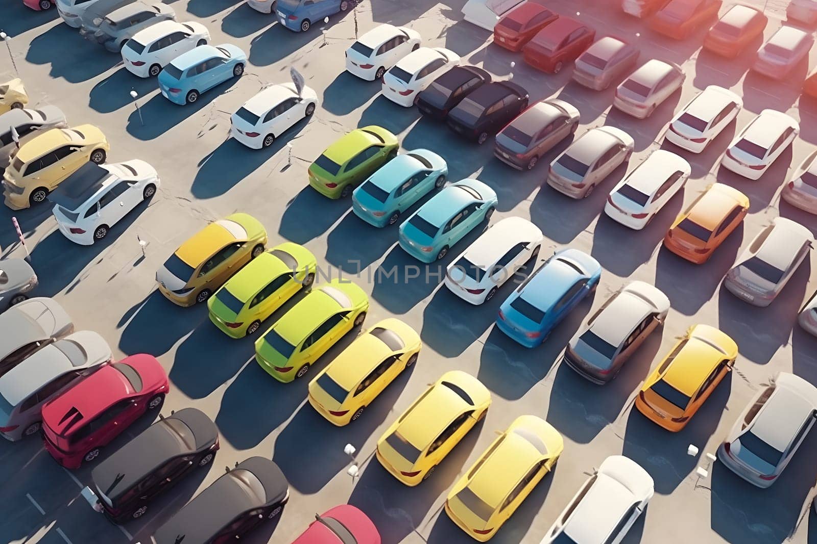 photorealistic high angle aerial view of many colored cars on parking lot at sunny weather. Neural network generated in May 2023. Not based on any actual person, scene or pattern.
