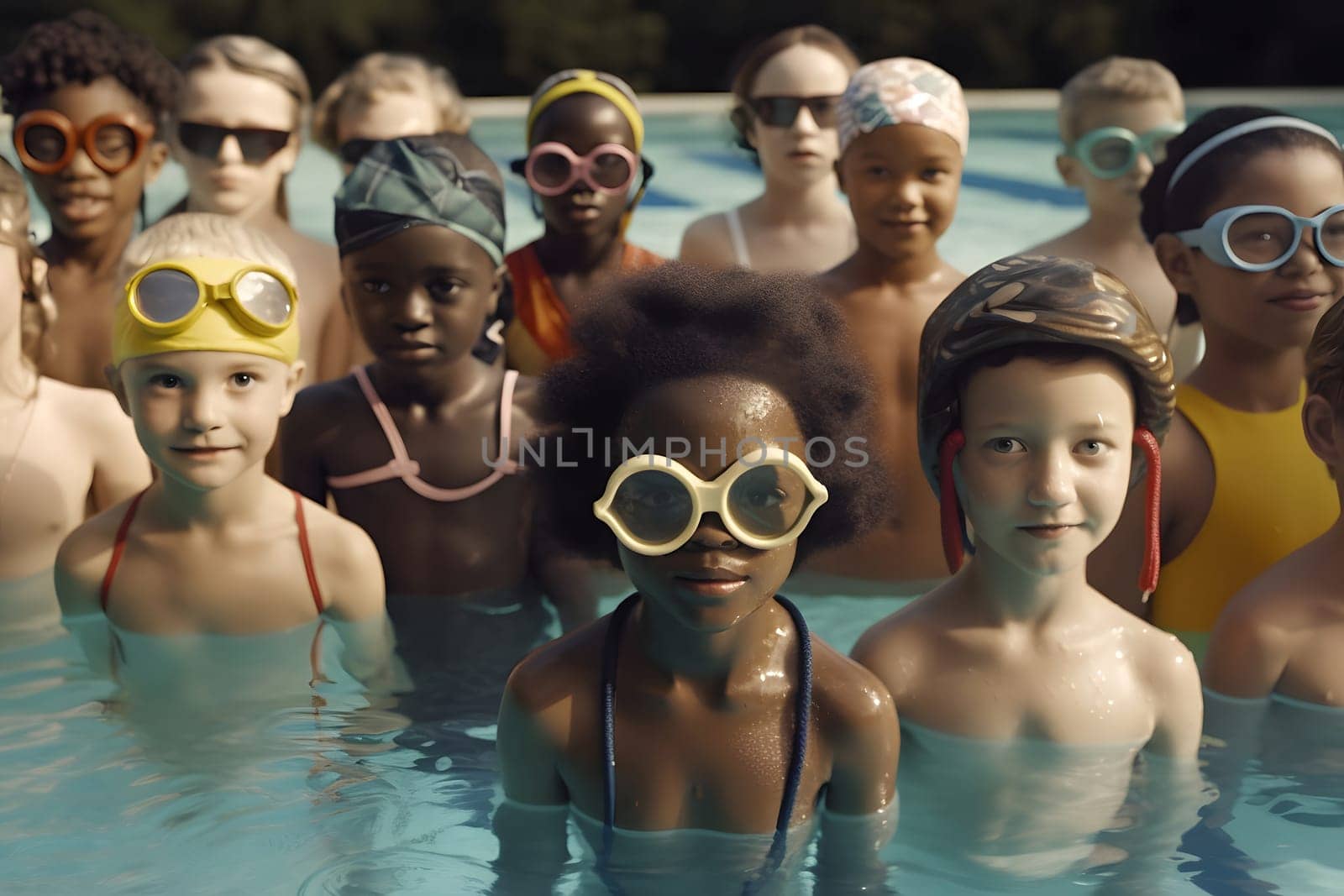 group diverse chidren at swimming pool. Neural network generated in May 2023. Not based on any actual person, scene or pattern.
