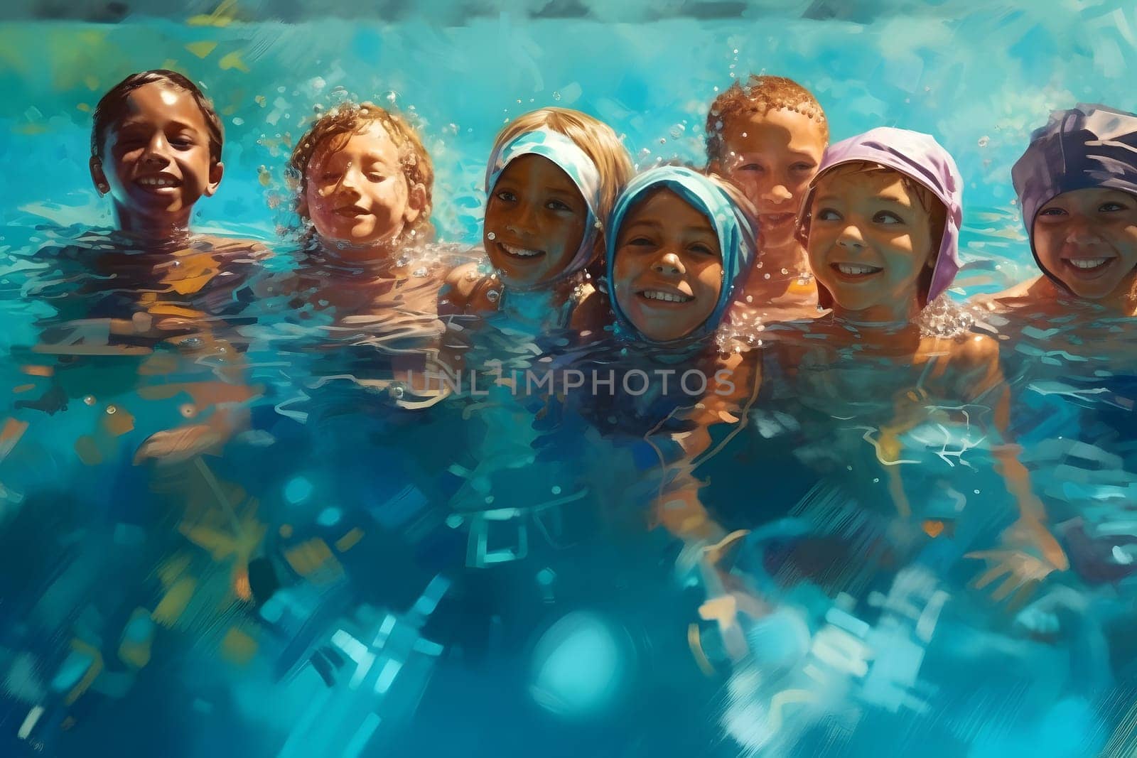 group diverse chidren at swimming pool. Neural network generated in May 2023. Not based on any actual person, scene or pattern.