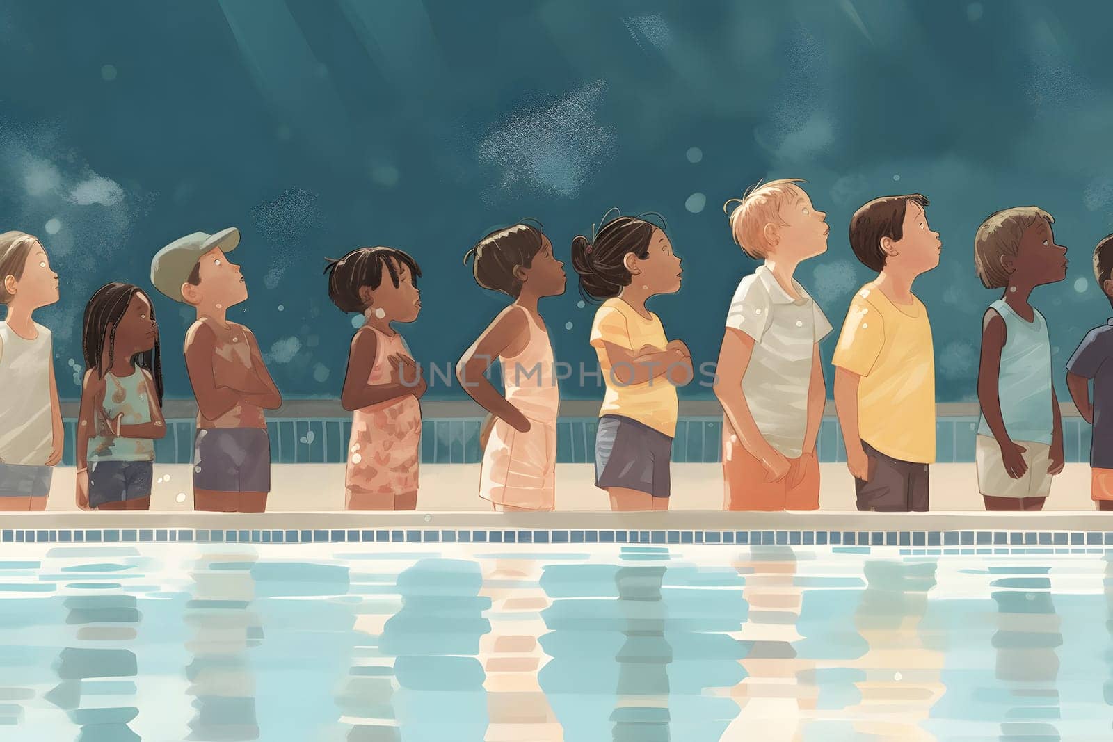 group diverse chidren at swimming pool. Neural network generated in May 2023. Not based on any actual person, scene or pattern.