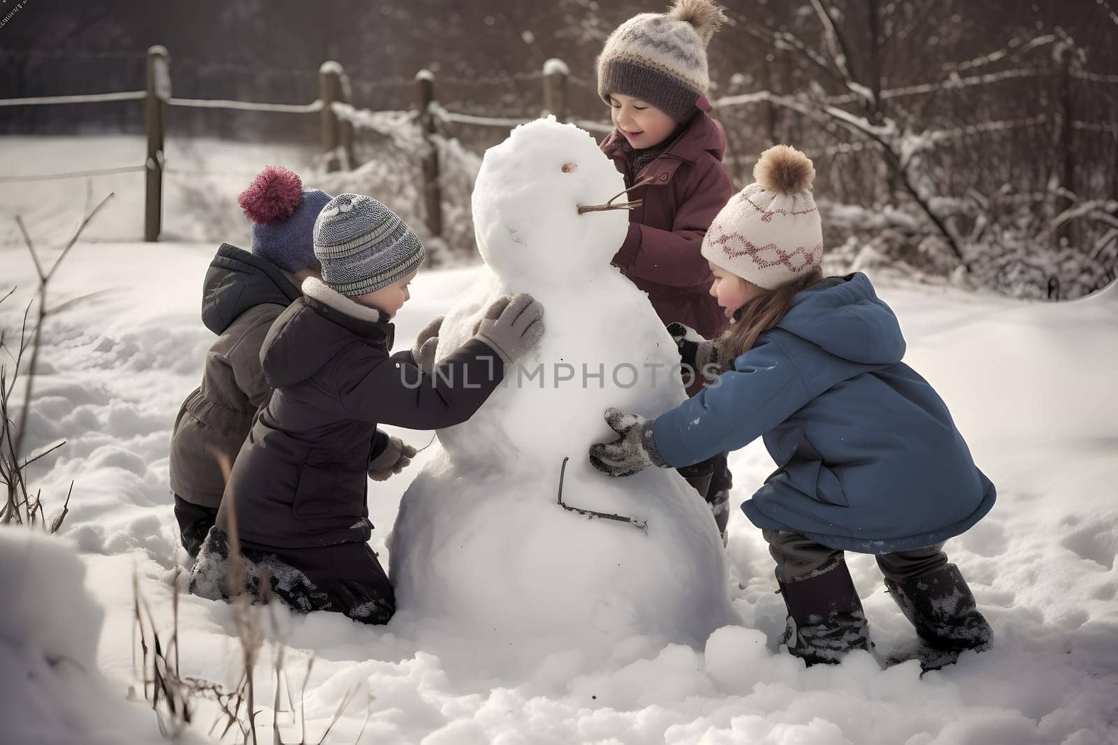 Children building snowman at winter day. Neural network generated in May 2023. Not based on any actual person, scene or pattern.