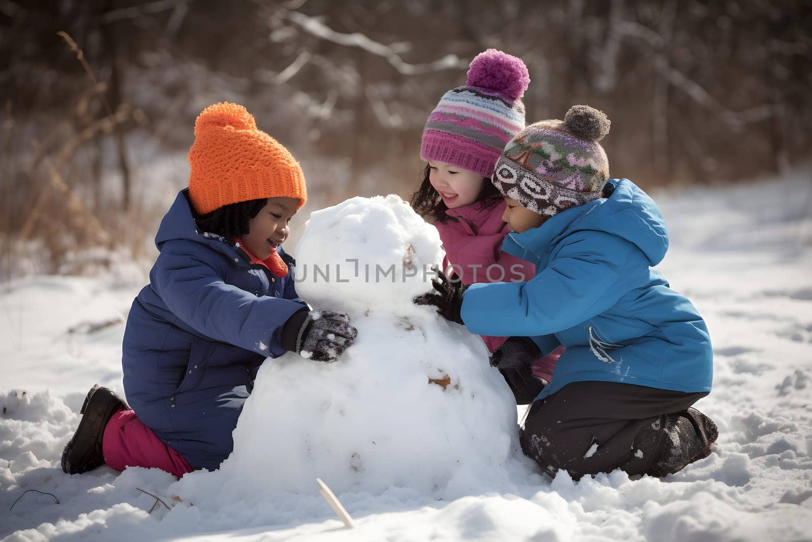 Children building snowman at winter day. Neural network generated in May 2023. Not based on any actual person, scene or pattern.