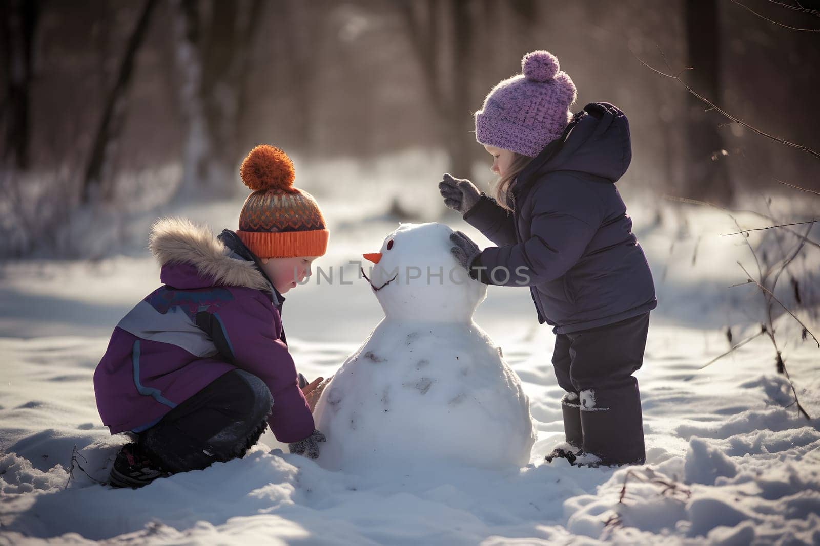 Children building snowman at winter day. Neural network generated in May 2023. Not based on any actual person, scene or pattern.