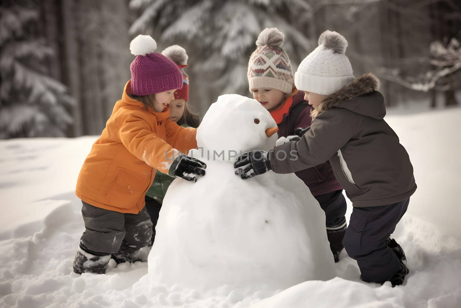 Children building snowman at winter day. Neural network generated in May 2023. Not based on any actual person, scene or pattern.