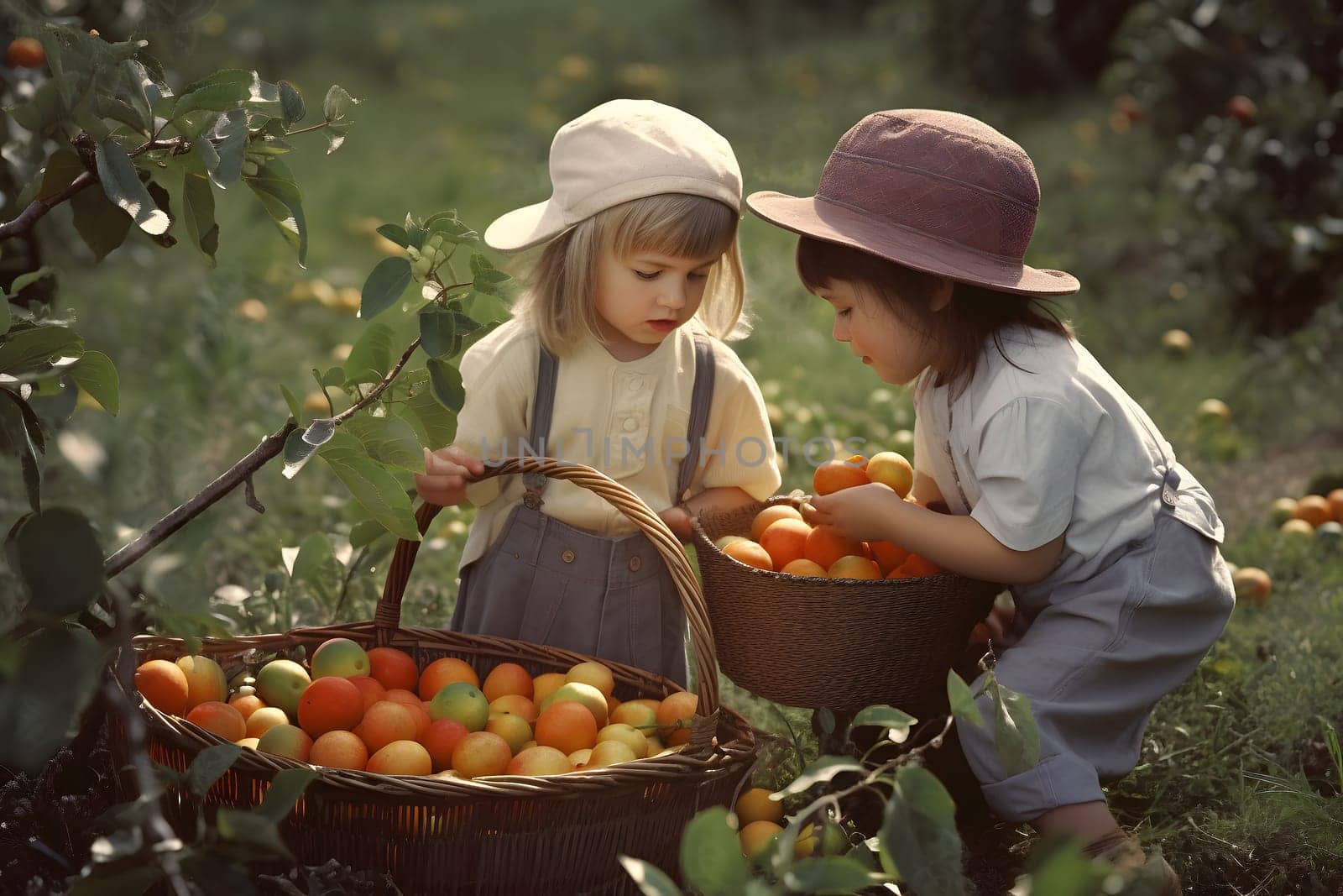 Children picking fruits in garden at sunny day. Neural network generated in May 2023. Not based on any actual person, scene or pattern.