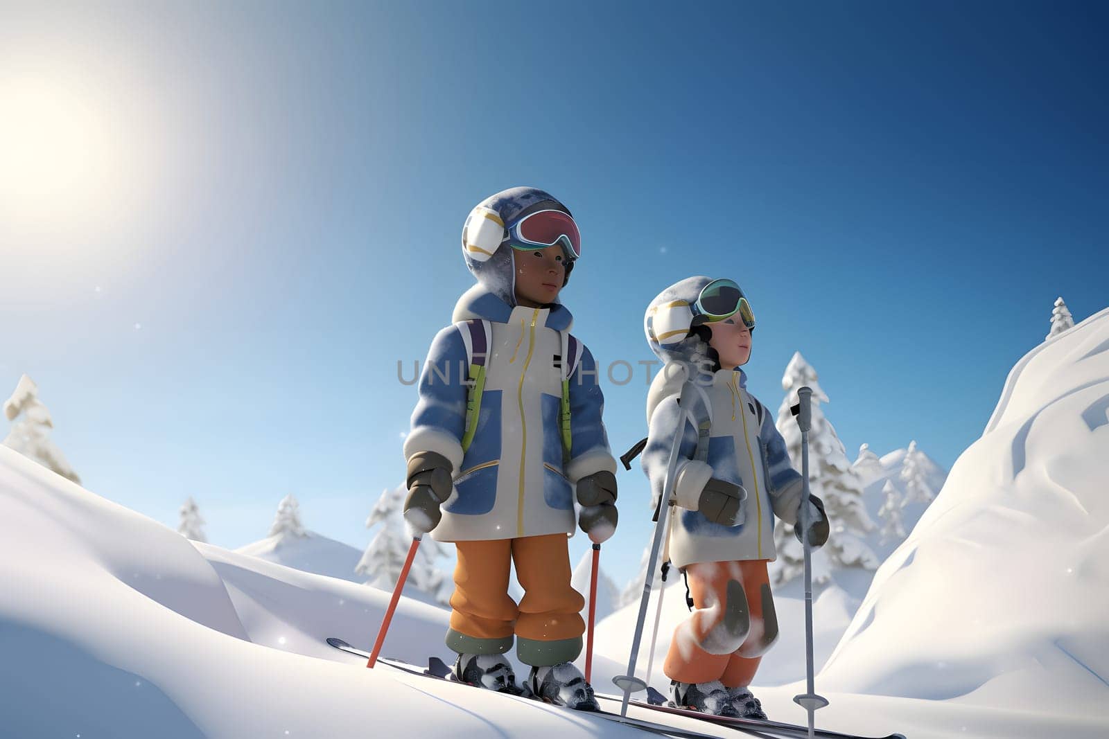children skiing. Neural network generated in May 2023. Not based on any actual person, scene or pattern.
