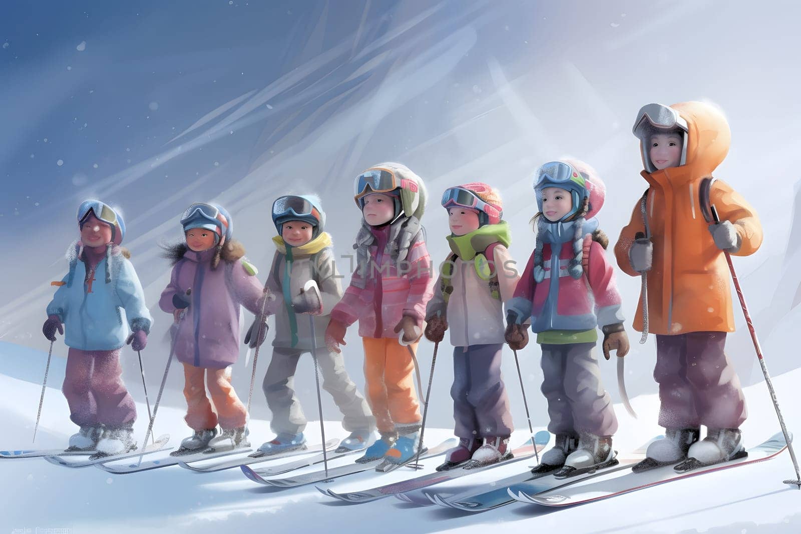 children skiing. Neural network generated in May 2023. Not based on any actual person, scene or pattern.