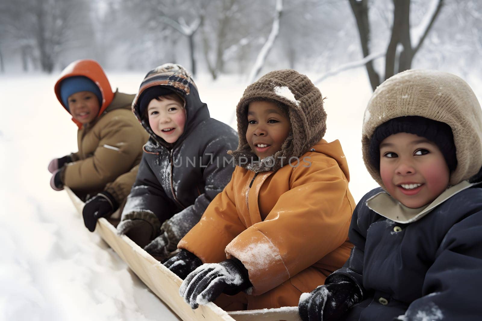 diverse children sledding at winter day. Neural network generated in May 2023. Not based on any actual person, scene or pattern.
