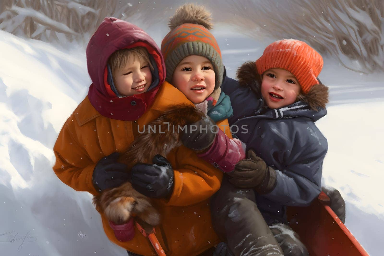 caucasian children sledding at winter day. Neural network generated in May 2023. Not based on any actual person, scene or pattern.