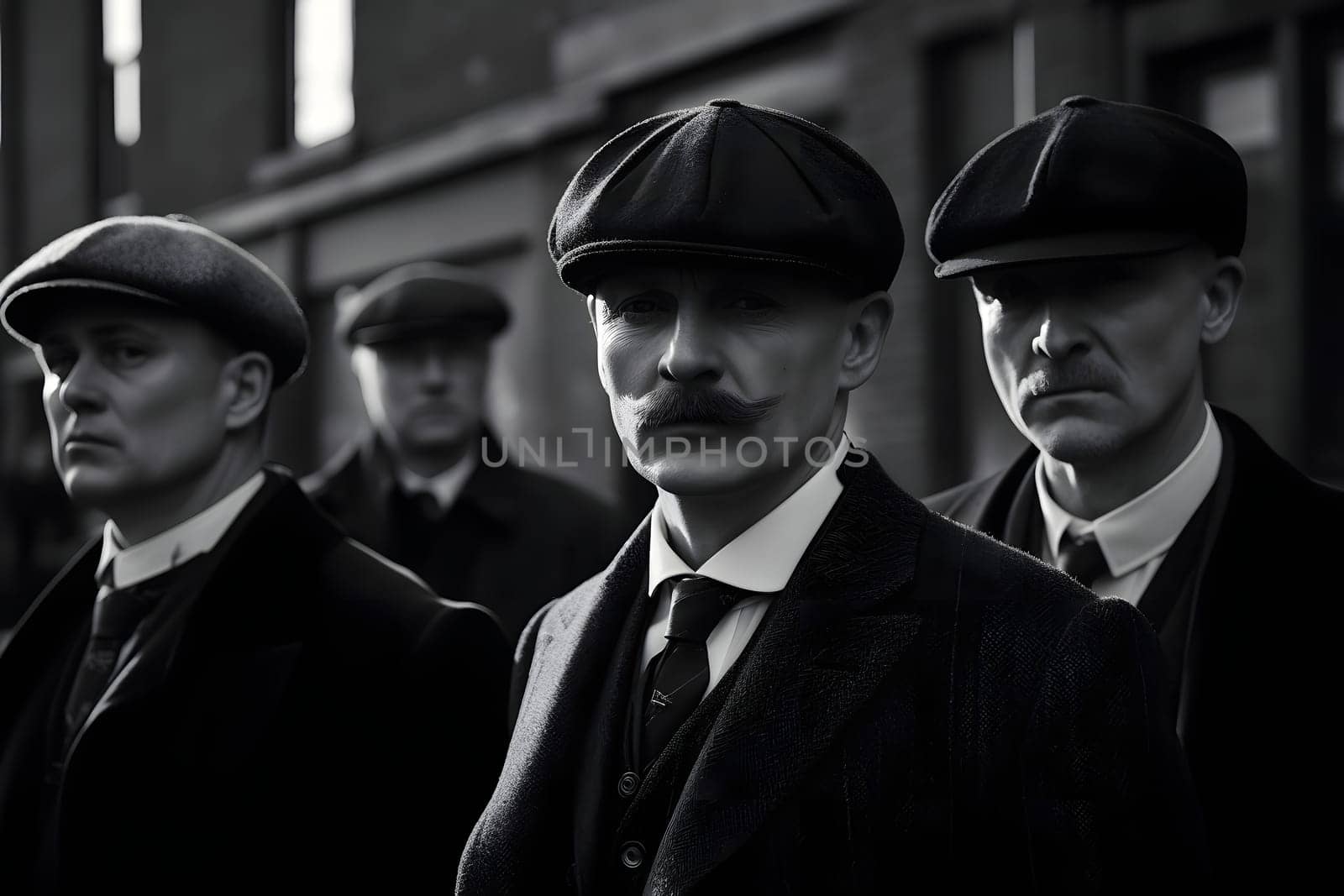 group of 1920s european gangster style men, neural network generated art. Digitally generated image. Not based on any actual person, scene or pattern.