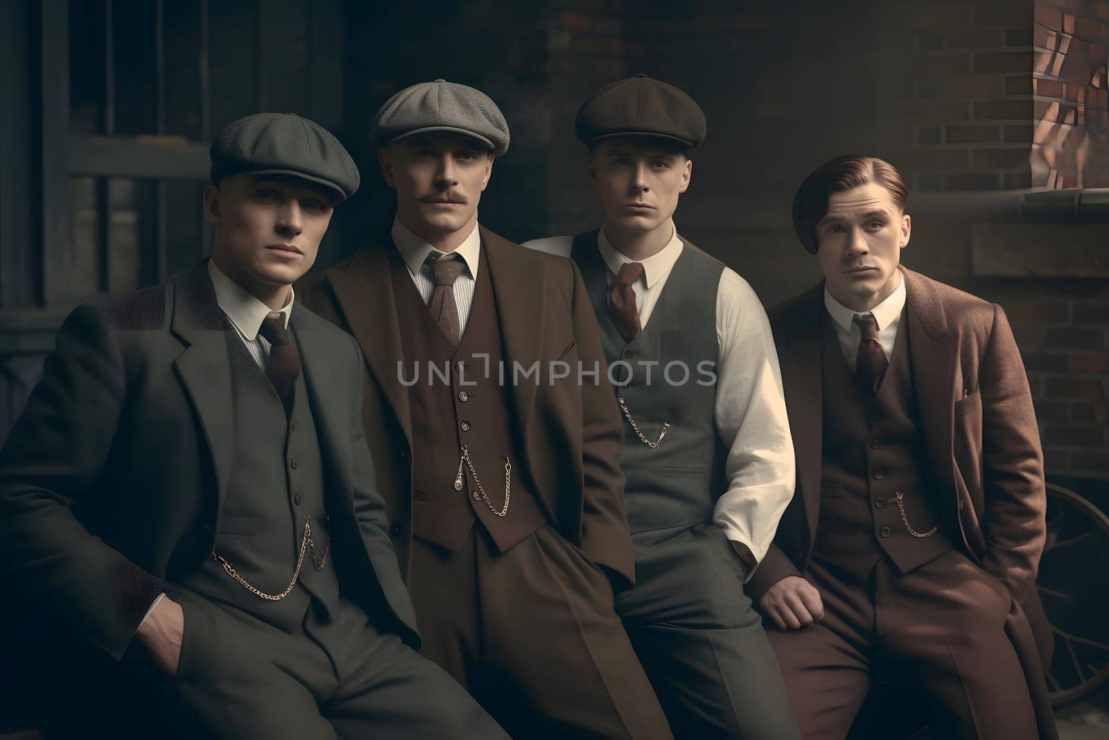 group of 1920s european gangster style men. Neural network generated in May 2023. Not based on any actual person, scene or pattern.