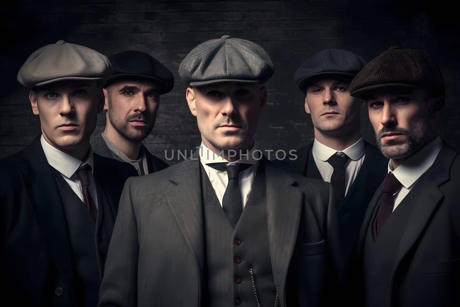 group of 1920s european gangster style men. Neural network generated in May 2023. Not based on any actual person, scene or pattern.